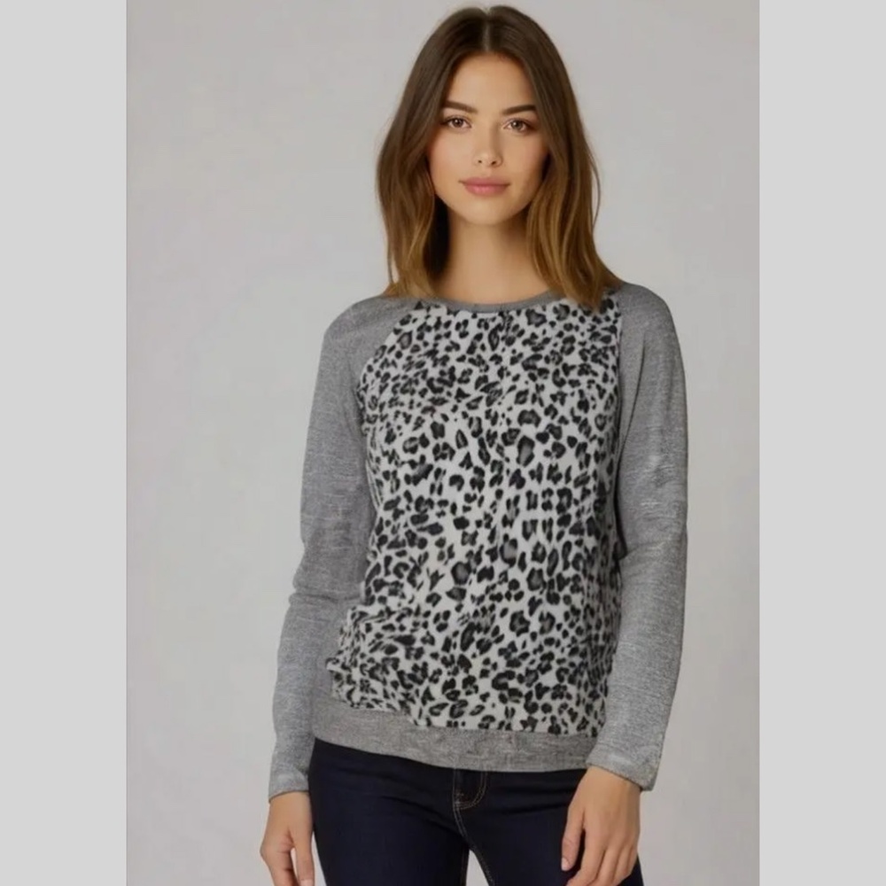 Kut‎ from Cloth Leopard Print Mixed Media Raglan Pullover Top   L